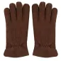 Preview: Lammfell Fingerhandschuhe Damen – Detailansicht Einschlupf mit Leder eingefasst braun