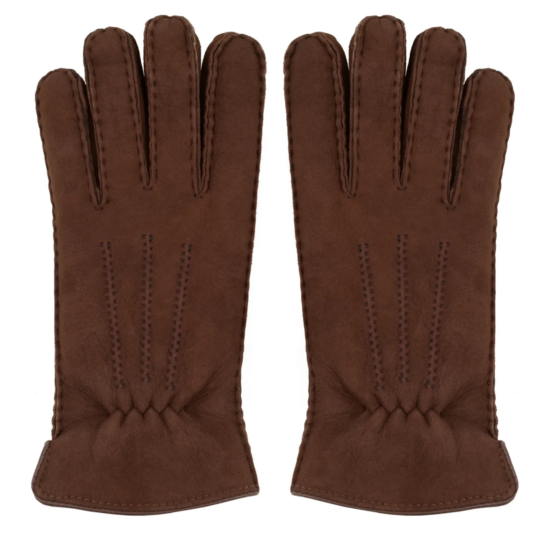 Lammfell Fingerhandschuhe Damen – Detailansicht Einschlupf mit Leder eingefasst braun